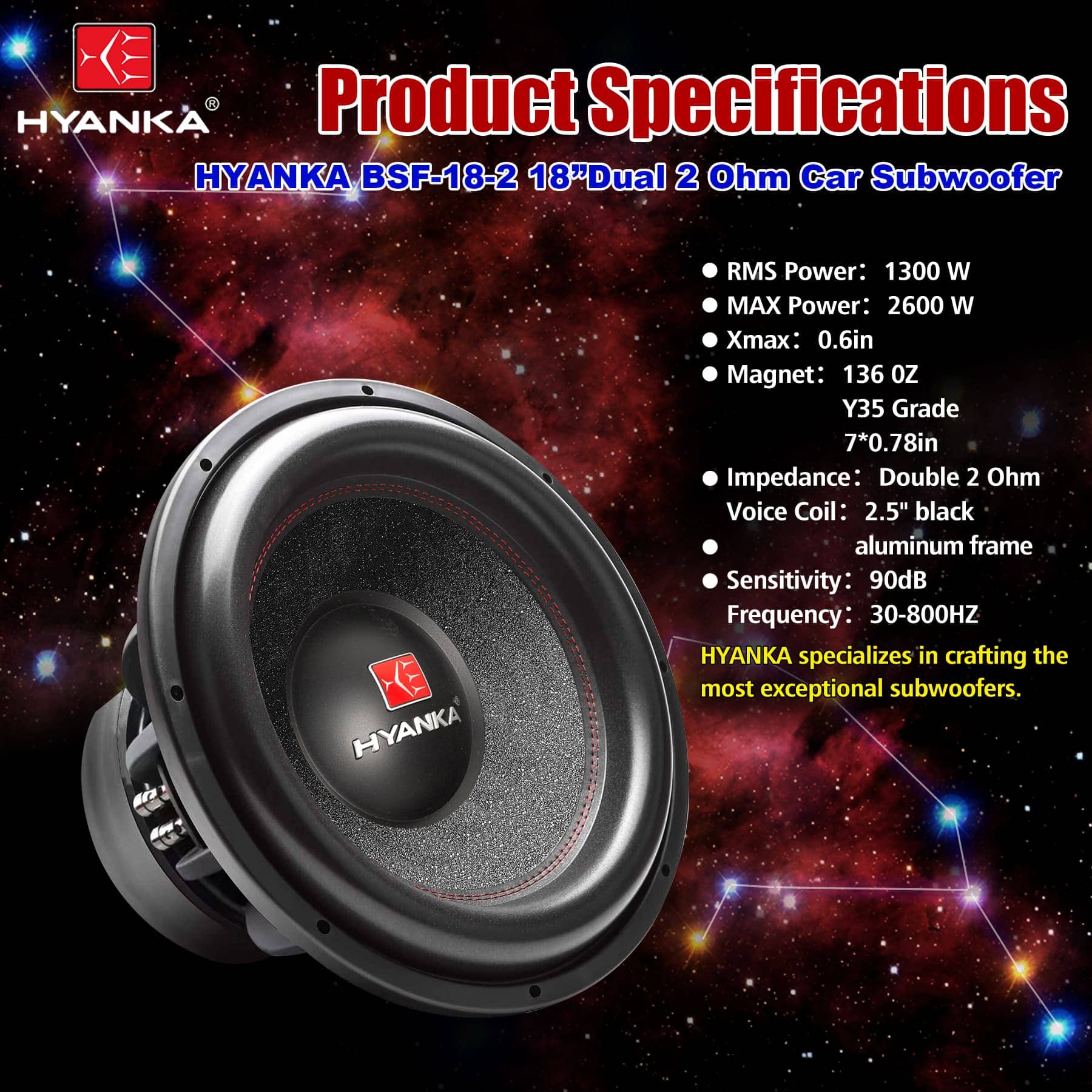 1300W 18 Inch DVC 2-Ohms Car Subwoofer Speaker HYANKA