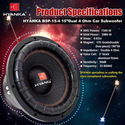 BSP-15-4 | 15" Car Subwoofer 1500 Watt Rms DVC 4-Ohms Black Aluminum Basket