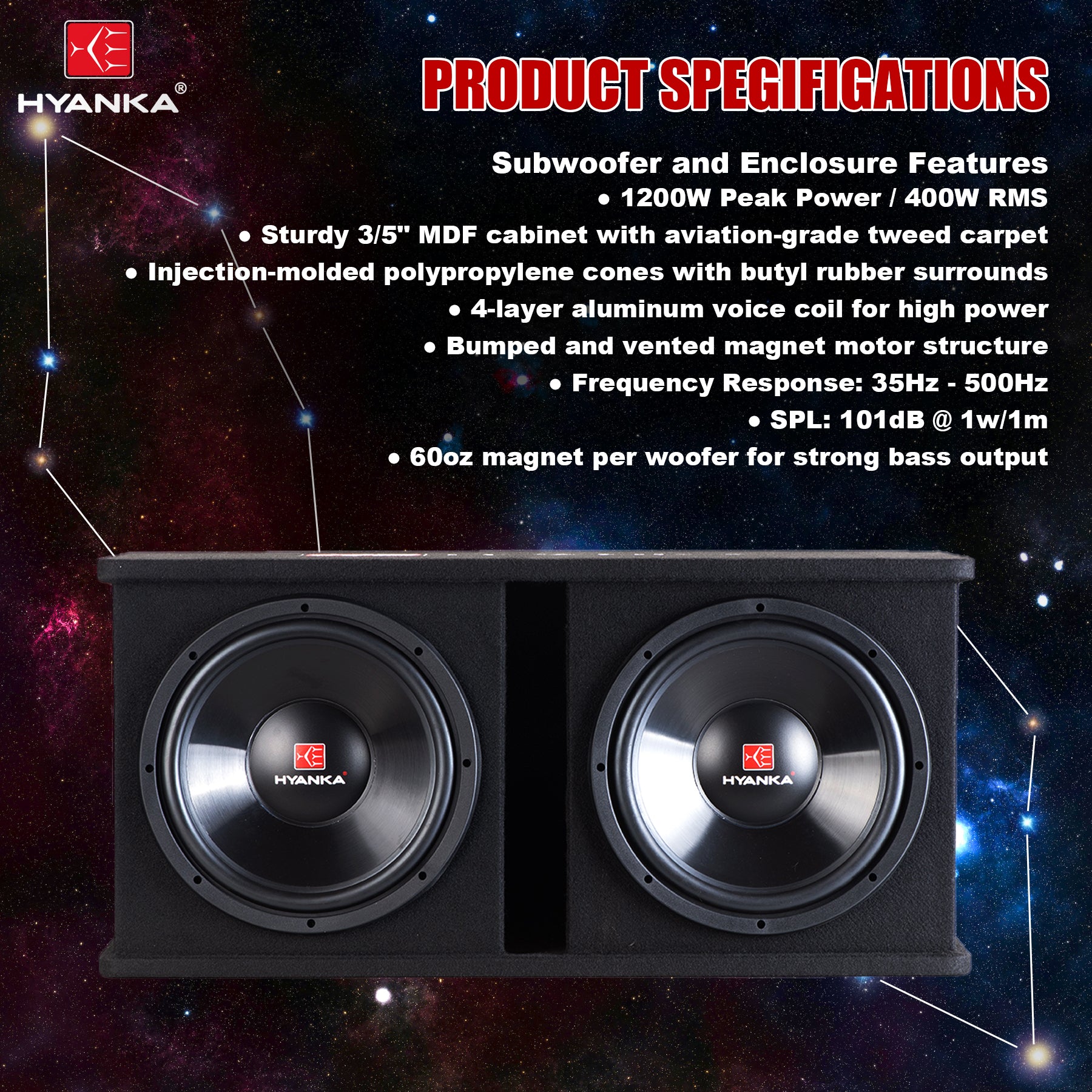 Sub Box Kit 1200W Dual 12-inch Car Subwoofer Enclosure Kit With Mono Amplifier - HYANKA